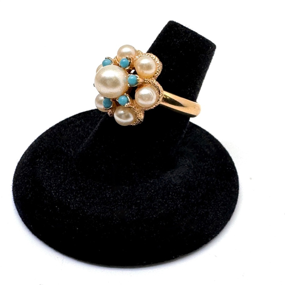 Vintage Avon Goldtone Faux Pearl and Turquoise Floral Cocktail Ring Size 7